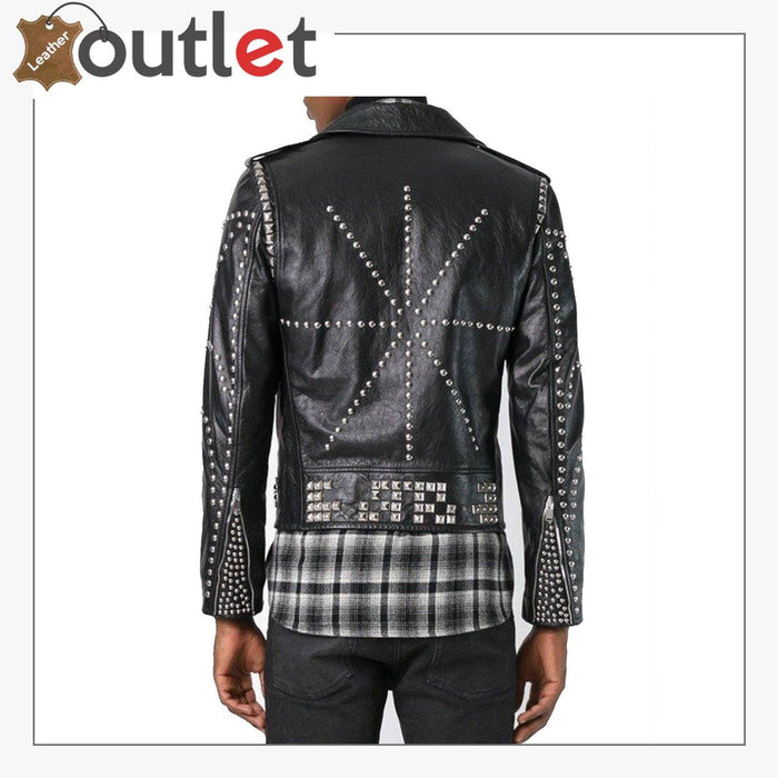 Side view of the classic studded moto jacket showing plain body and silver shoulder studs