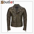 Men's brown sheep leather vintage style biker jacket, front view with asymmetric zip