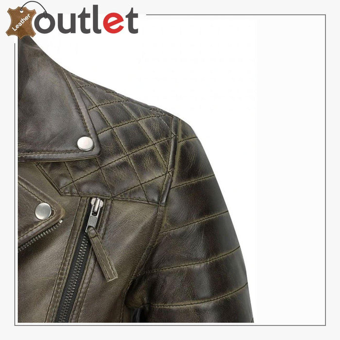 Back view of the brown sheep leather moto jacket showing aged finish and seams