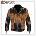 Men's cowboy jacket in genuine heavyweight brown cowhide with western yokes, front view