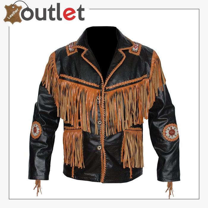 Men's cowboy jacket in genuine heavyweight brown cowhide with western yokes, front view