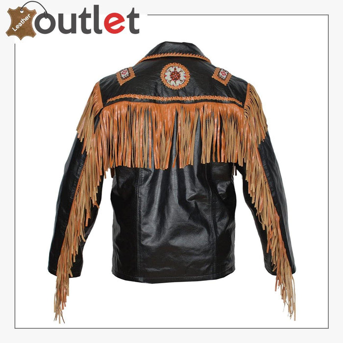 Back view of the cowhide western jacket showing back yoke and double stitched seams