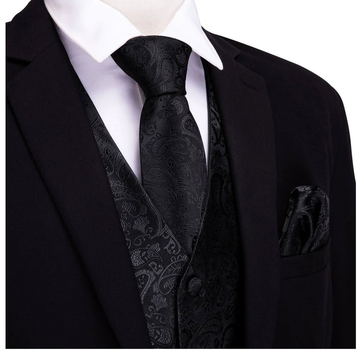 Men's Deep Black Paisley Silk Vest Necktie Pocket square Cufflinks-MJ-2014 - SimonVon Shop