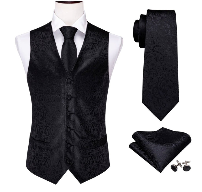 Men's Deep Black Paisley Silk Vest Necktie Pocket square Cufflinks-MJ-2014 - SimonVon Shop