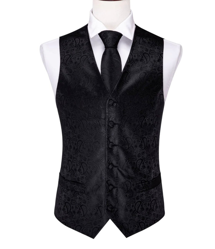 Men's Deep Black Paisley Silk Vest Necktie Pocket square Cufflinks-MJ-2014 - SimonVon Shop