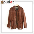 Men's chocolate brown suede fringe jacket with removable inner vest, front view