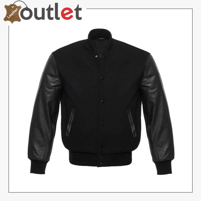 Men's leather letterman baseball bomber varsity jacket, front view with snap placket