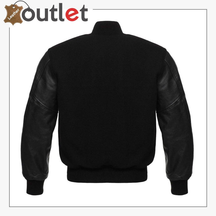 Side view of the leather varsity bomber showing shorter body and ribbed hem