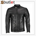 Mens moto snap collar biker leather jacket in black with a relaxed classic fit, front view