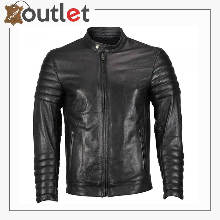 Mens moto snap collar biker leather jacket in black with a relaxed classic fit, front view