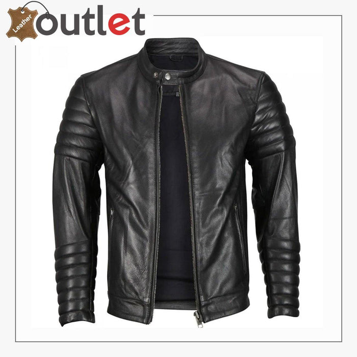 Side view of the relaxed fit black moto jacket showing shoulder room and zip