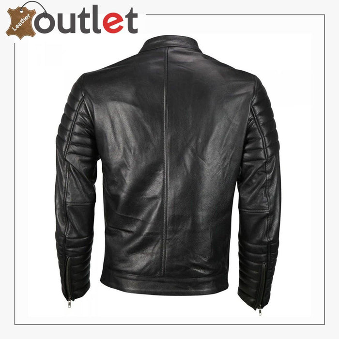 Back view of the classic fit snap collar biker jacket in genuine black leather