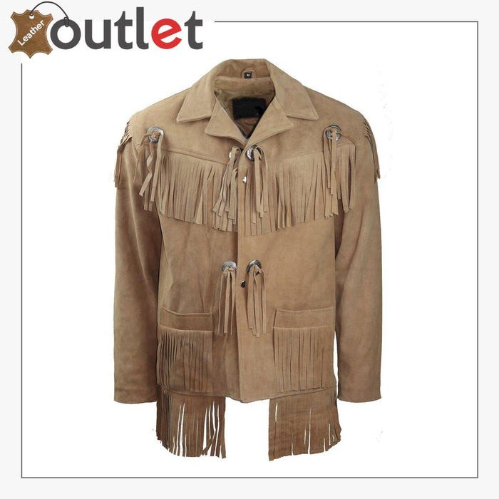 Men's beige western suede leather jacket with fringe and bead-style yoke detailing, front view