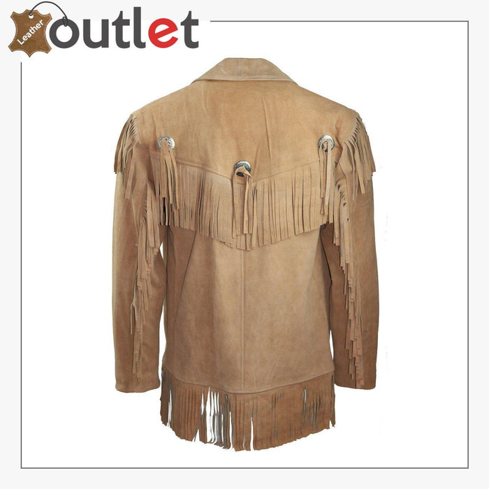 Back view of the beige suede western jacket showing fringe across the back yoke