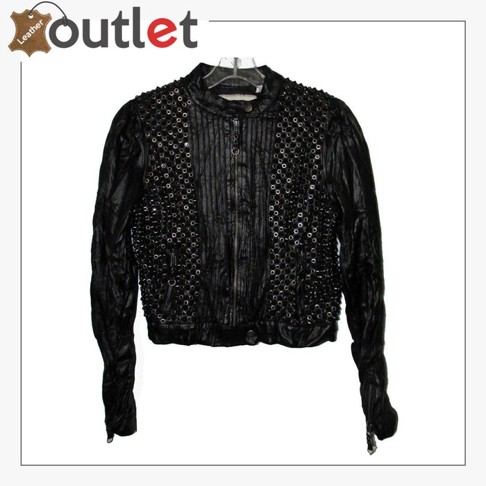 Mens real leather spiked jacket in black with hand-set metal cone spikes, front view