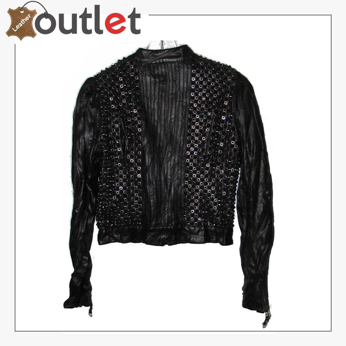 Back view of the spiked leather biker jacket showing spike placement across the shoulders