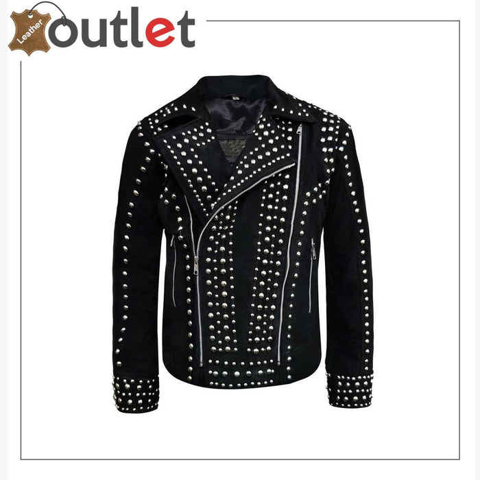Mens rivet studded biker jacket in black suede leather, front view with riveted lapels