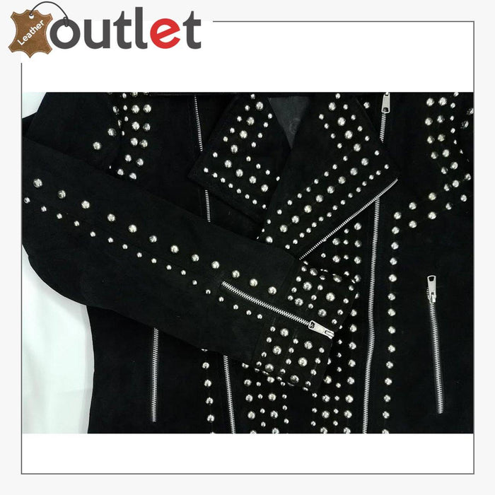 Back view of the suede studded motorcycle jacket showing rivet placement and matte nap