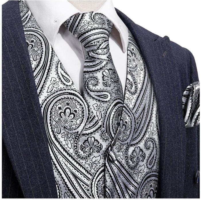 Men's Silver Black Paisley Silk Vest Necktie Pocket square Cufflinks-MJ-2090 - SimonVon Shop