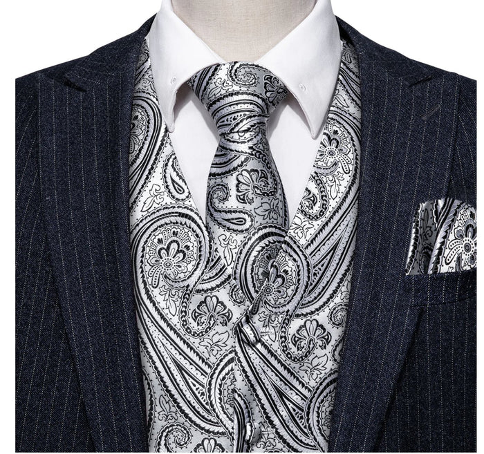 Men's Silver Black Paisley Silk Vest Necktie Pocket square Cufflinks-MJ-2090 - SimonVon Shop