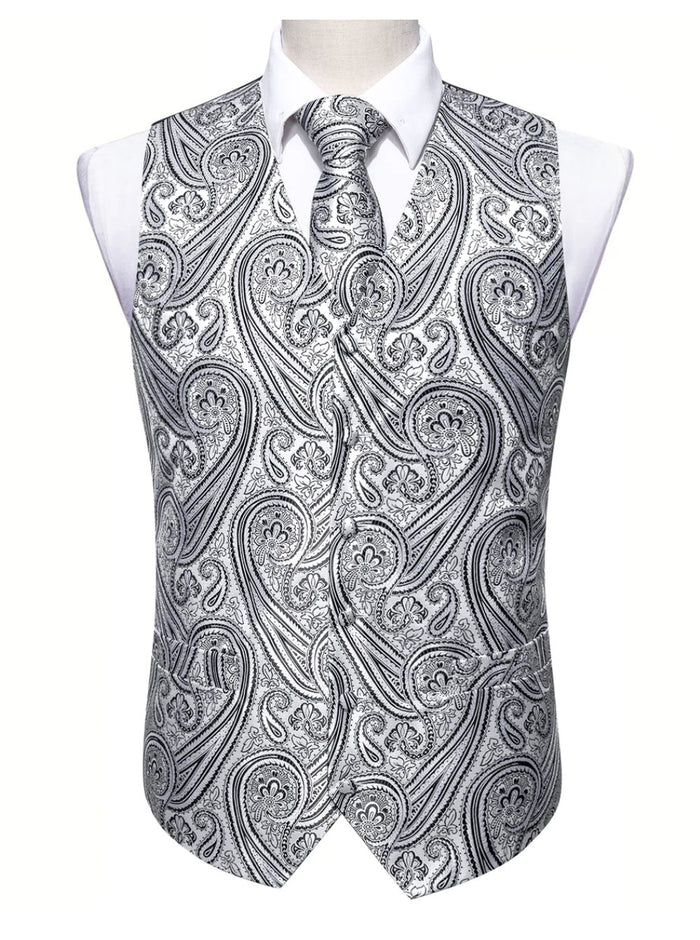 Men's Silver Black Paisley Silk Vest Necktie Pocket square Cufflinks-MJ-2090 - SimonVon Shop