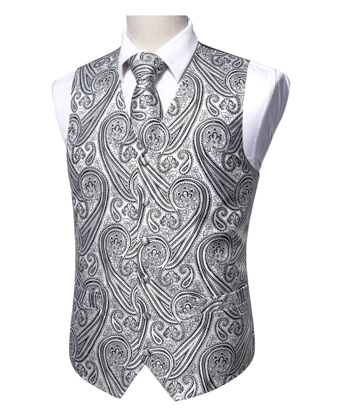 Men's Silver Black Paisley Silk Vest Necktie Pocket square Cufflinks-MJ-2090 - SimonVon Shop