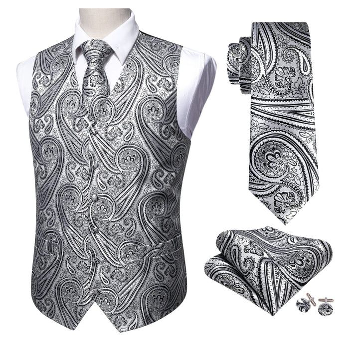 Men's Silver Black Paisley Silk Vest Necktie Pocket square Cufflinks-MJ-2090 - SimonVon Shop