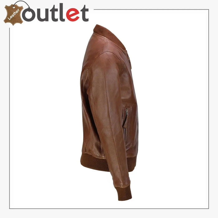Back view of the light tan mens leather jacket showing natural grain