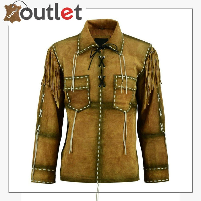 Mens western cowboy brown suede shirt jacket with fringe, front view with snap placket
