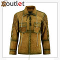 Mens western cowboy brown suede shirt jacket with fringe, front view with snap placket