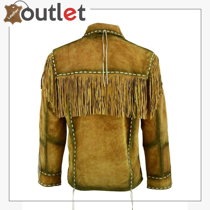 Back view of the brown suede western fringe shirt showing yoke and fringe detail
