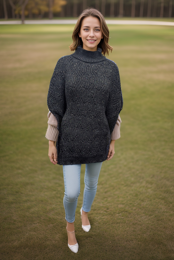 Merbuk - High Neck Jumper Style Poncho - Sparkly Black