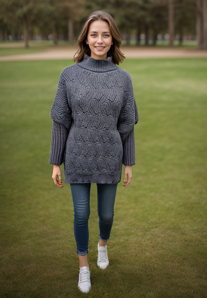 Merbuk - High Neck Jumper Style Poncho - Sparkly Grey