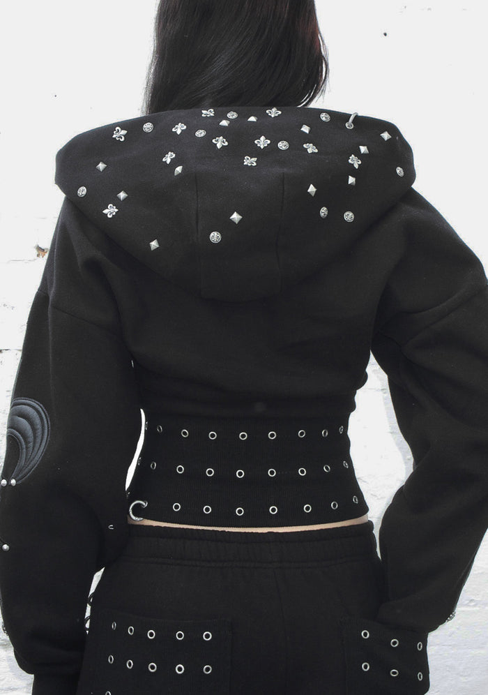 MIDNIGHT STUDDED FITTED WAIST ZIP CROP HOODIE BLACK