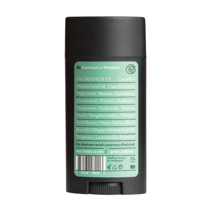 A black cylindrical deodorant stick with a green label reading "Misc Goods Co Valley Of The Gold Natural Deodorant" in 75g, boasting eco-friendly packaging and proudly aluminium & paraben free.