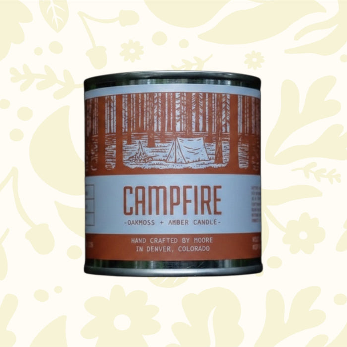 Forager Provisions LTD Moore Collection Campfire soy wax candle in a reusable metal tin with a rustic forest label.