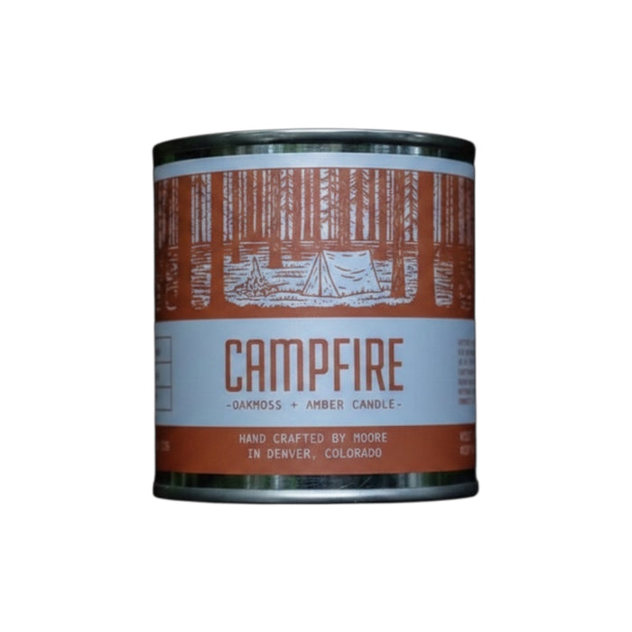 Forager Provisions LTD Moore Collection Campfire soy wax candle in a reusable metal tin with rustic forest label