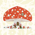 A mushroom shaped card featuring gnome like people collecting foliage to create Christmas decorations.