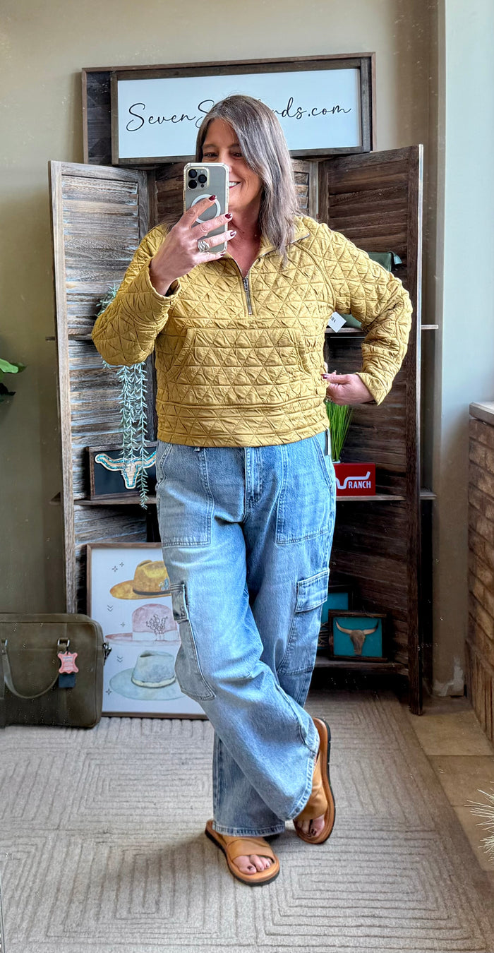 Mustard quilted 1/4 zip pullover sweatshirt with stand collar and front pocket