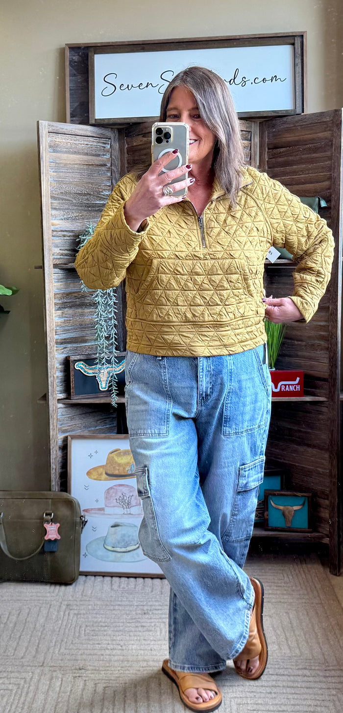 Quilted mustard 1/4 zip sweatshirt with diamond stitching and long sleeves
