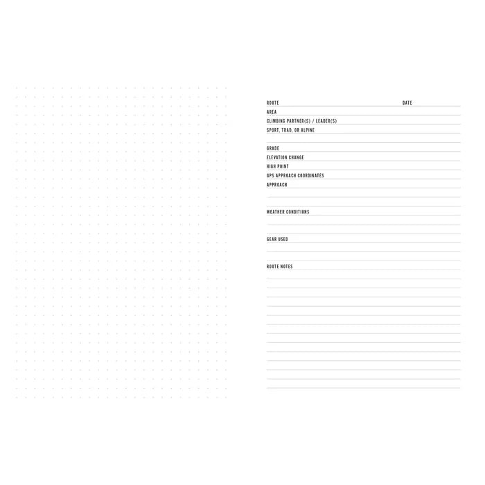 Mountaineers Books Low Gravity Days Notepad, dot-grid left, lined prompts right—ideal for climbers and adventure logs.