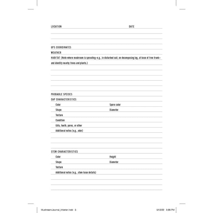 Forager Provisions LTD Mushroom Logbook interior page with fields for recording mushroom species and habitat data