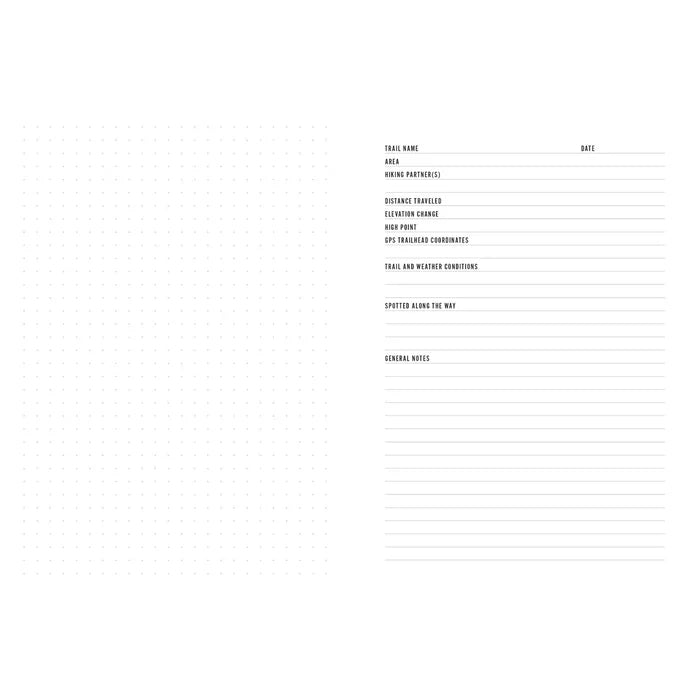 Trail Notes Journal by Mountaineers Books with dotted pages, hiking record sections, trail details, and note lines.