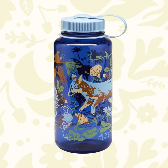 Forager Provisions LTD 32oz blue Nalgene water bottle featuring Mustard Beetle Channel Islands nature-inspired artwork