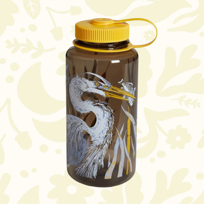 Forager Provisions LTD 32oz Nalgene water bottle in brown with a yellow lid and Pasadena Audubon heron bird graphic