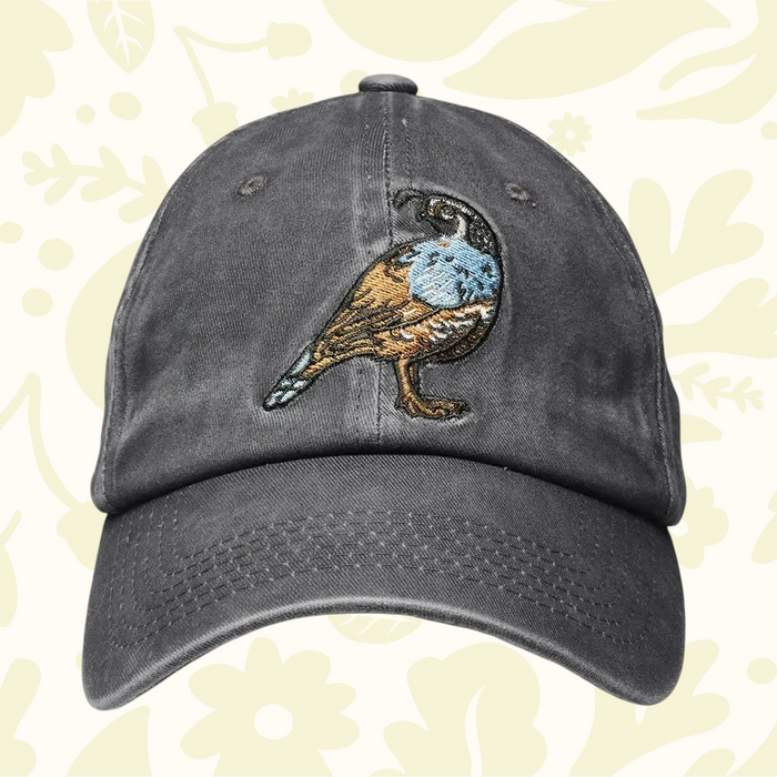 Mustard Beetle Quail Ball Cap with bird and floral embroidery, ideal for nature lovers and outdoor adventure enthusiasts.
