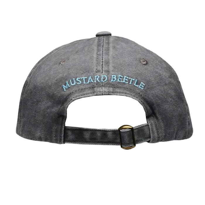 Gray Mustard Beetle Ball Cap, Quail style with blue logo, perfect outdoor accessory for nature lovers and trendy looks.