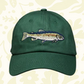 Forager Provisions LTD Mustard Beetle ball cap in forest green with an embroidered steelhead trout design
