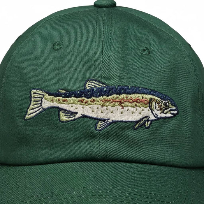 Forager Provisions LTD Mustard Beetle ball cap in dark green featuring an embroidered steelhead trout design