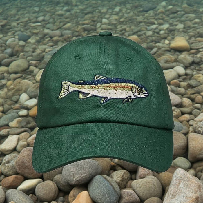 Forager Provisions LTD green ball cap featuring an embroidered steelhead trout design for CalTrout conservation.